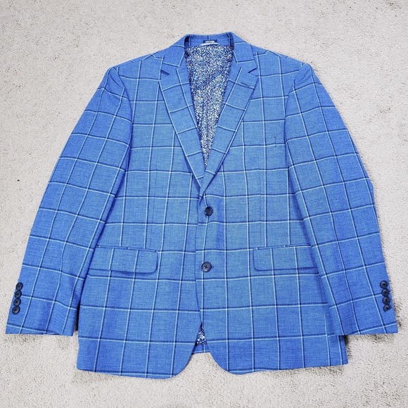 Crown & Ivy Blazer Mens 40S Blue Windowpane Linen Cotton 2 Button Suit Jacket - Picture 2 of 11